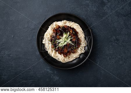 Jajangmyeon On A Concrete Background, Top View