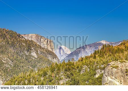 Scenic View To Yosemite Valley With El Captan And Half Dome, Usa