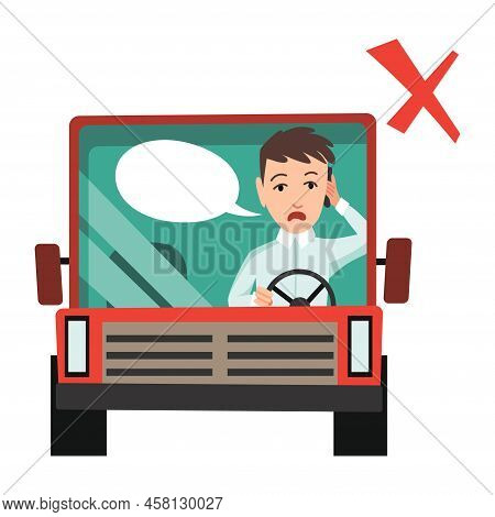 Phone While Driving. Safety Driving Rules. Do Not Use Mobile. Young Man Talking On Phone Or Using Sm