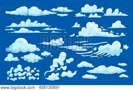 Cumulus Clouds. Cartoon Game Ui 2d Asset, Summer Cloudy Sky Background, Sprite Set Of Vapor Fog Mist