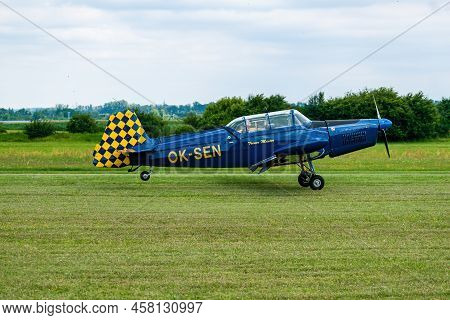 Breclav, Czech Republic - July 02, 2022 Aviation Day. Small Sports Aircraft Zlin Z326mf At Breclav A