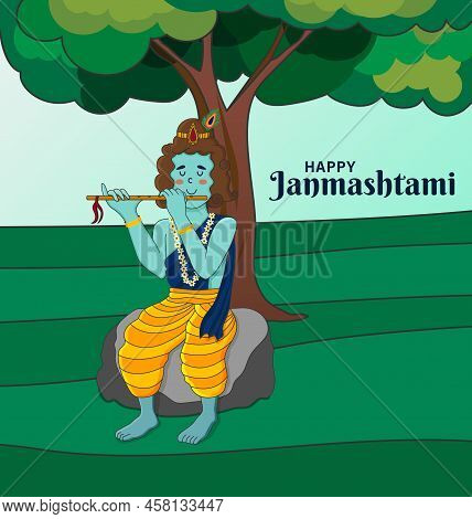 Krishna Janmashtami Cute Festival Poster. Lord Krishna Playing Flute In Evening Under A Tree. Greeti