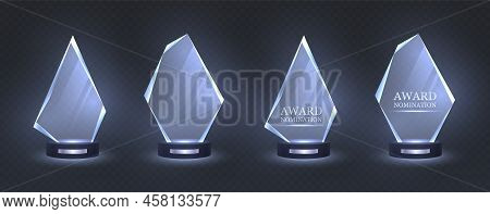 Glass Trophy, Realistic Crystal Award, Prize For Nomination Winner.
