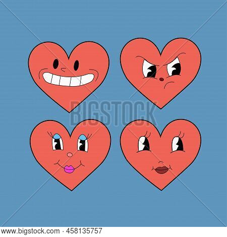 Emoji Retro Heart Collection Set. Cute Cartoon Hearts. Vector Illustration In Flat Style.
