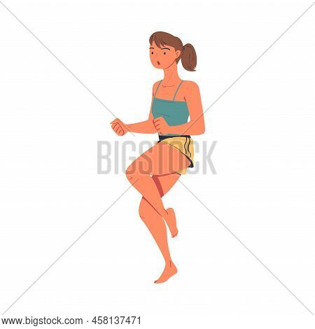 Young Woman Character Jogging In Place Doing Sport At Home Vector Illustration