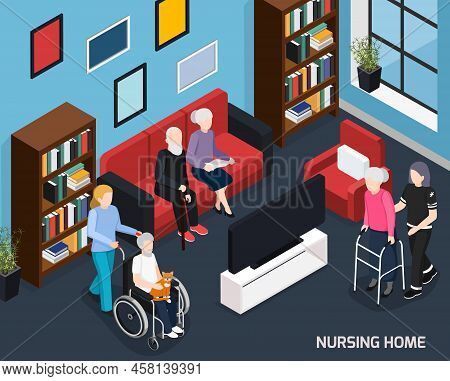 Nursing Home Isometric Composition With Working Staff Elderly People In Wheelchair With Walkers And 