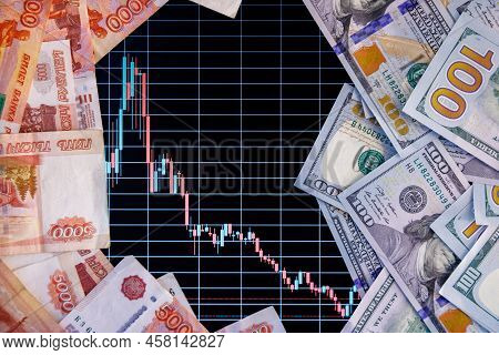 Us Dollar And Russian Ruble Banknotes Over Digital Screen With Real Life Exchange Chart, Usd Rub Dep