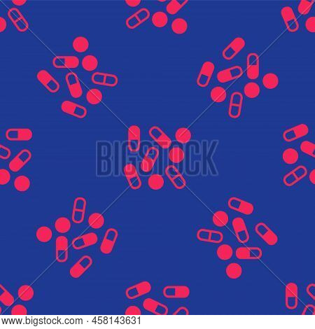 Red Medical Pill Bottle Biohacking Icon Isolated Seamless Pattern On Blue Background. Pharmacy Bioha