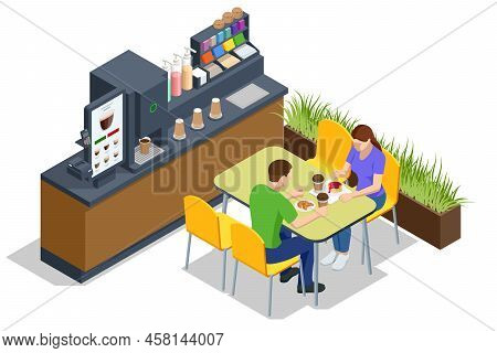 Isometric Self-service Coffee Machines Offer Consistent Quality Coffee. Vending Machine With Coffee 