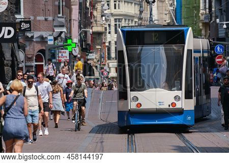Amsterdam, The Netherlands - 23 June 2022: Gvb Tram On Leidsestraat Street