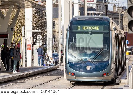 Bordeaux, France - February 24, 2022: Tram, Built By Alstom, Passing By The City Center On The Ligne