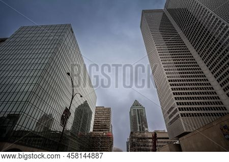 Montreal, Canada - November 3, 2018: Business Skyscrapers In The Dowtown Of Montreal, Canada, Taken 
