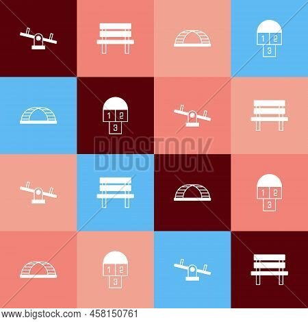 Set Pop Art Seesaw, Bench, Monkey Bar And Hopscotch Icon. Vector