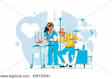 Medical Care For Elderly Male Character Vector Illustration. Aged Seniors Nurse Care Flat Style. Hea