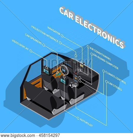 Car Electronics Concept With Air Conditioning Symbols On Blue Background Isometric Vector Illustrati