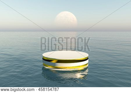 Platform And Beauty Natural Podium On The Dreammy Lake With Moon And Sky, Backdrop For Product Displ