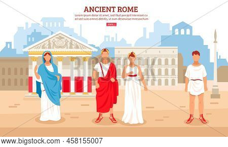 Ancient Rome Flat Composition Poster With Imperial Couple And Plebeians Citizens Characters And Pant