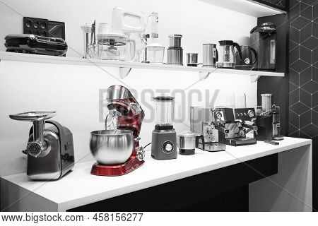 Household Appliances For The Kitchen. Sale Of Electrical Equipment For Cooking At Home. Coffee Maker