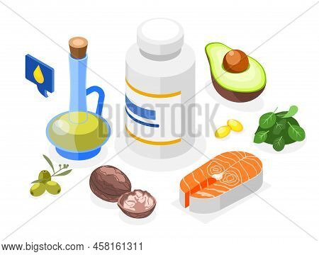 Omega 3 Isometric Background With Salmon Wallnut Avocado And Other Oil Rich Products Vector Illustra