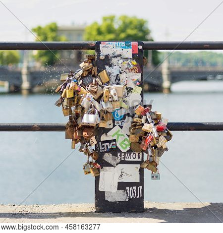 Stockholm, Sweden - June 26 2022: Love Locks Attached By Lovers To The Railing Of Riksbron Bridge, O