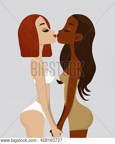 Homosexual Couple In Love Flat Vector Illustration, Kissing Girls. Love Concept, Passion, Lust, Rela