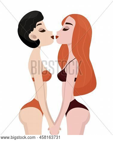 Homosexual Couple In Love Flat Vector Illustration, Kissing Girls. Love Concept, Passion, Lust, Rela