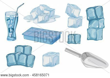 Ice Cubes And Melted Ice Cube. Iced Water Cubes For Cool Cocktail. Freezed Aqua Vector Isolated Illu