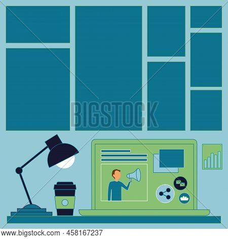 Laptop Resting On A Table Beside Coffee Mug And Desk Lamp Showing Work Process. Minicomputer Sitted 