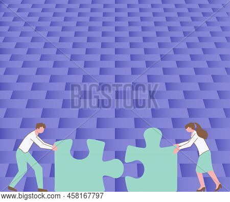 Colleagues Conencting Two Pieces Of Jigsaw Puzzle Together Showing Teamwork. Teammates Finding Clues