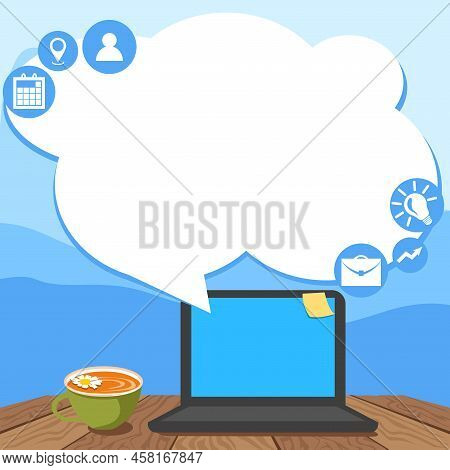 Laptop Resting On A Table Beside Coffee Mug And Plant Showing Work Process. Minicomputer Sitted Top 