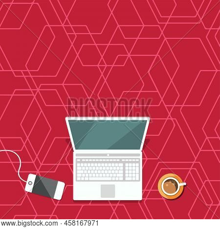 Laptop Resting On A Table Beside Coffee Mug And Plant Showing Work Process. Minicomputer Sitted Top 