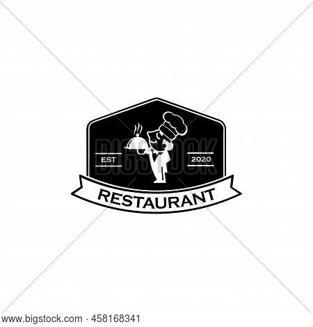 Chef With Tray Of Food In Hand, Resto Logo Template.