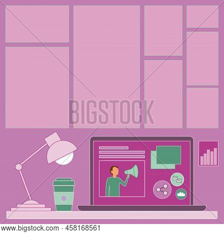 Laptop Resting On A Table Beside Coffee Mug And Desk Lamp Showing Work Process. Minicomputer Sitted 