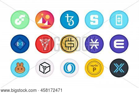 Cryptocurrency Symbol, Sign, Set Of Vector Coins For Crypto Currency Logos. Flat Nft Tokens Crypto C