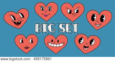 Emoji Retro Heart Collection Set. Cute Cartoon Hearts. Vector Illustration In Flat Style.