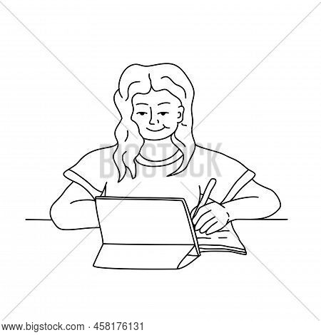 The Girl Does Her Homework On The Video As A Lesson. Online Learning Vector Stock Illustration. The 