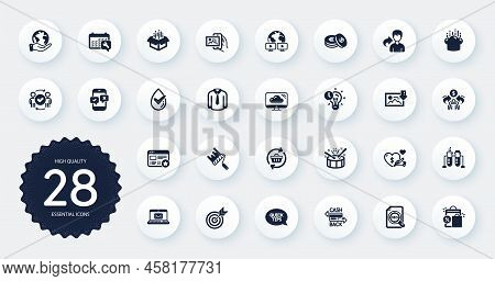 Set Of Business Icons, Such As Chemistry Beaker, Paint Roller And Seo File Flat Icons. Video Confere