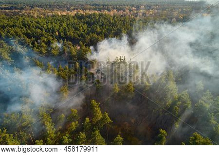 Aerial Drone View Of A Wildfire In Forested