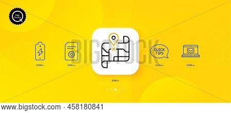 File Settings, E-mail And Battery Charging Minimal Line Icons. Yellow Abstract Background. Quickstar