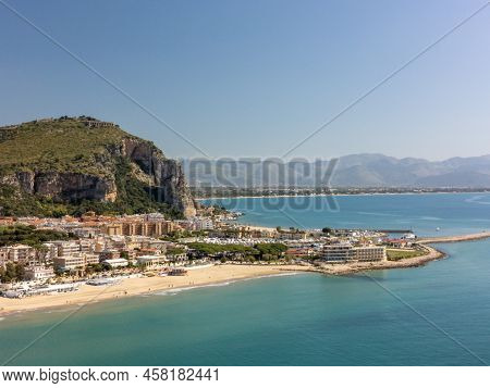 Aerial View On Terracina, Summer Vacation Destination On Tyrrhenien Sea With Sandy Beaches And Old H