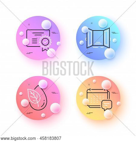 Message, Organic Product And Open Door Minimal Line Icons. 3d Spheres Or Balls Buttons. Certificate 