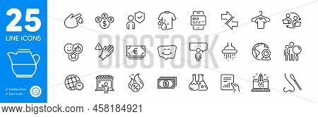 Outline Icons Set. Shower, Nasal Test And Wash T-shirt Icons. Video Conference, Document, Smile Chat