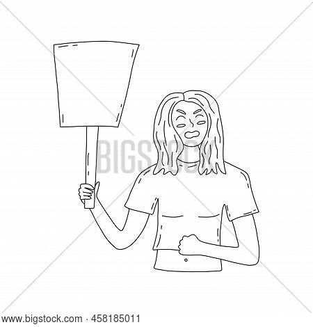 Protesting Girl Screams, Holding Banner. Empty Placard, Poster. Demand For Justice, Peace And Freedo