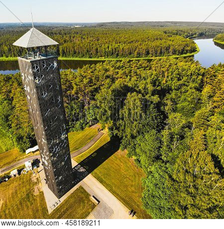 Aerial Panoramic View Famous Observation Viewpoint Tower In Birstonas With Nemunas River In Lithuani