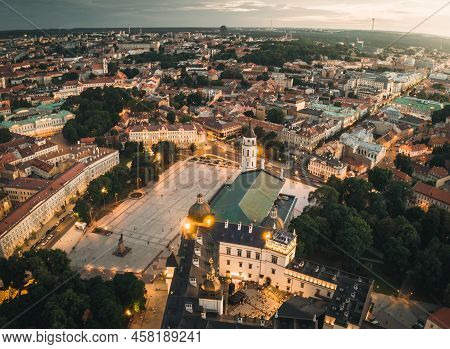 Aerial View From Famous Gediminas Castle Tower To Main Cathedral Square And Old Town Vilnius City Bu