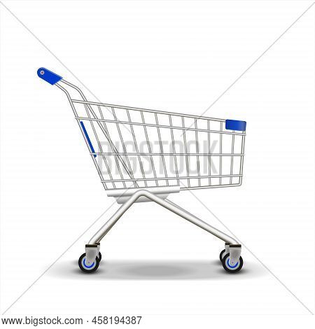Metal Wire Small Shopping Cart For Mall. Empty Bag On Wheels To Carry Heavy Items, Purchasing. Reali