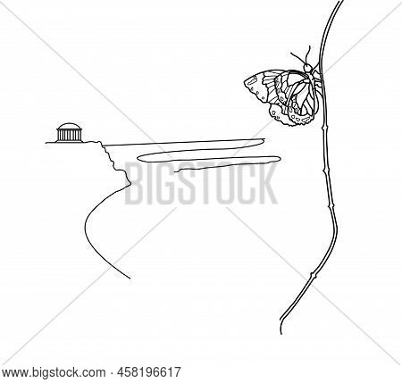 Butterfly On A Branch And The Sea. Vector, Lines