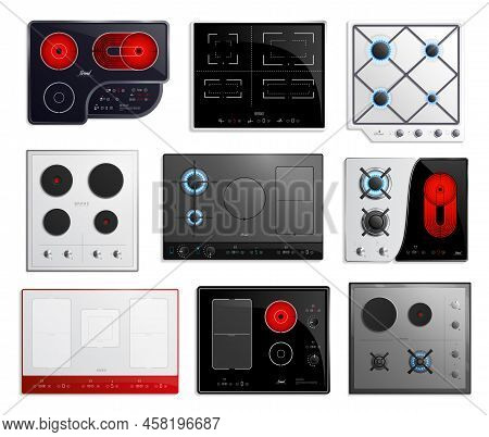 Colored And Realistic Hob Surfaces Icon Set With Different Types Of Hob Sizes And Power Vector Illus