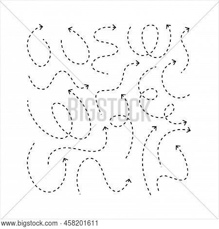 Clean Dot Arrows Style Doodle Set Hand Drawn. Curve Dotted Line, Preliminary