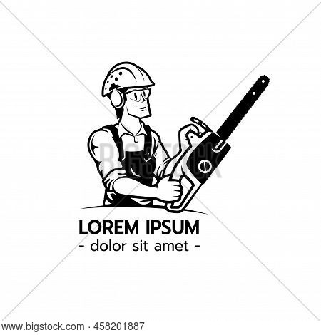 Lumberjack Arborist Tree Surgeon Holding A Chainsaw Starting Motor On Isolated White Background Vect